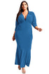 Sexy Navy Blue Plus Size Collared Deep V Maxi Dress